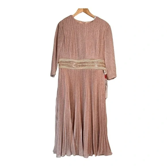 Mac Duggal Metallic Pleated A-Line Midi Cocktail Dress in Rose Gold NWT